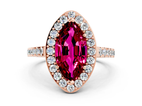 Rose gold Marquise Cut Garnet Halo Ring with Round Pavé Split Shank and Prong Setting