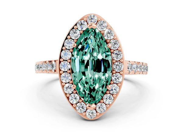 Rose gold Marquise Cut Green Sapphire Halo Ring with Round Pavé Split Shank and Prong Setting