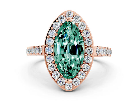 Rose gold Marquise Cut Halo Diamond Ring with Pavé Band and Three-Prong Setting