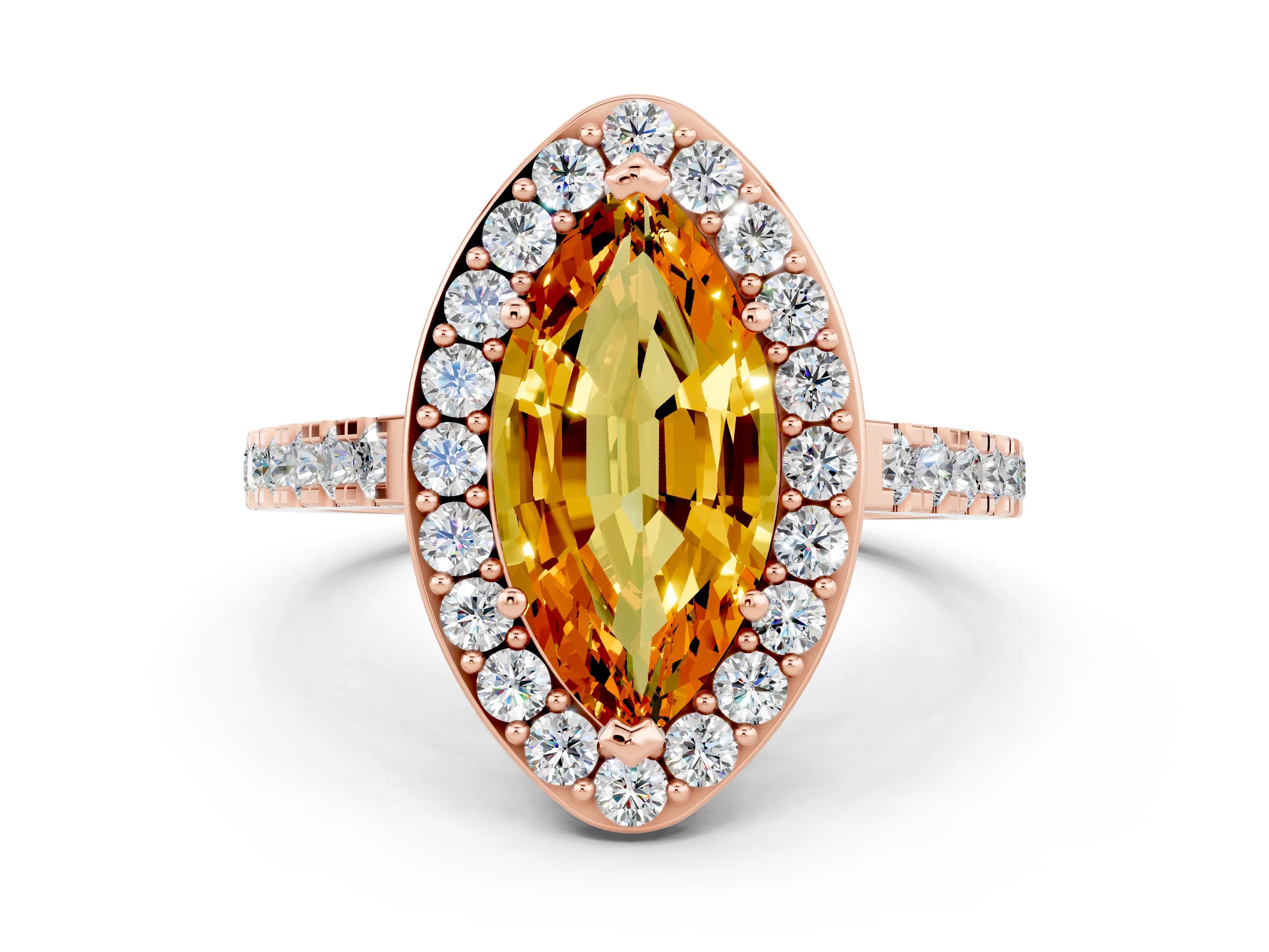 Rose gold Marquise Cut Halo Diamond Ring with Pavé Band and Three-Prong Setting