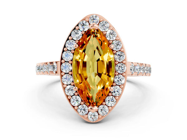 Rose gold Marquise Cut Citrine Halo Ring with Round Pavé Split Shank and Prong Setting