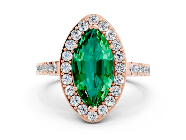 Rose gold Marquise Cut Emerald Halo Ring with Round Pavé Split Shank and Prong Setting