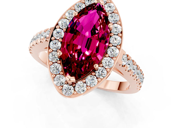 Rose gold Marquise Cut Garnet Halo Ring with Round Pavé Split Shank and Prong Setting