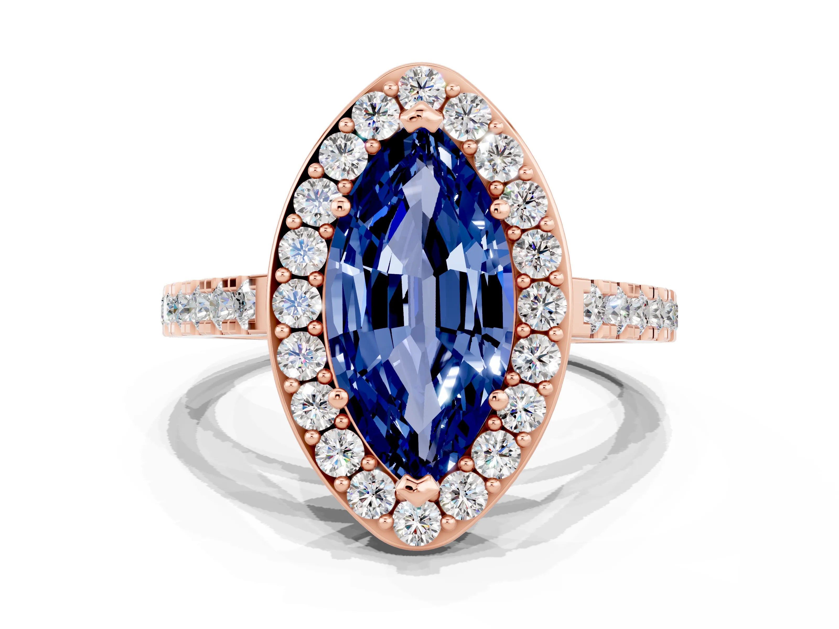 Rose gold Marquise Cut Halo Diamond Ring with Pavé Band and Three-Prong Setting_11