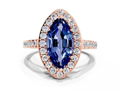 Rose gold Marquise Cut Halo Diamond Ring with Pavé Band and Three-Prong Setting_11