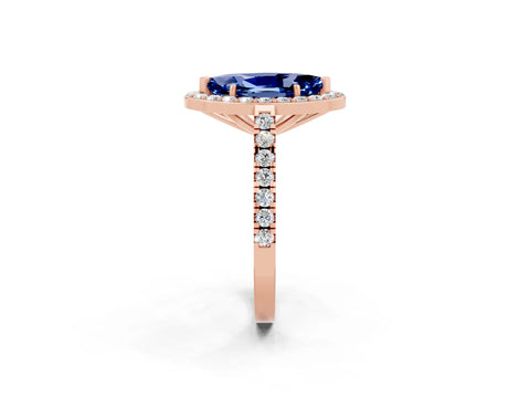 Rose gold Marquise Cut Halo Diamond Ring with Pavé Band and Three-Prong Setting_13