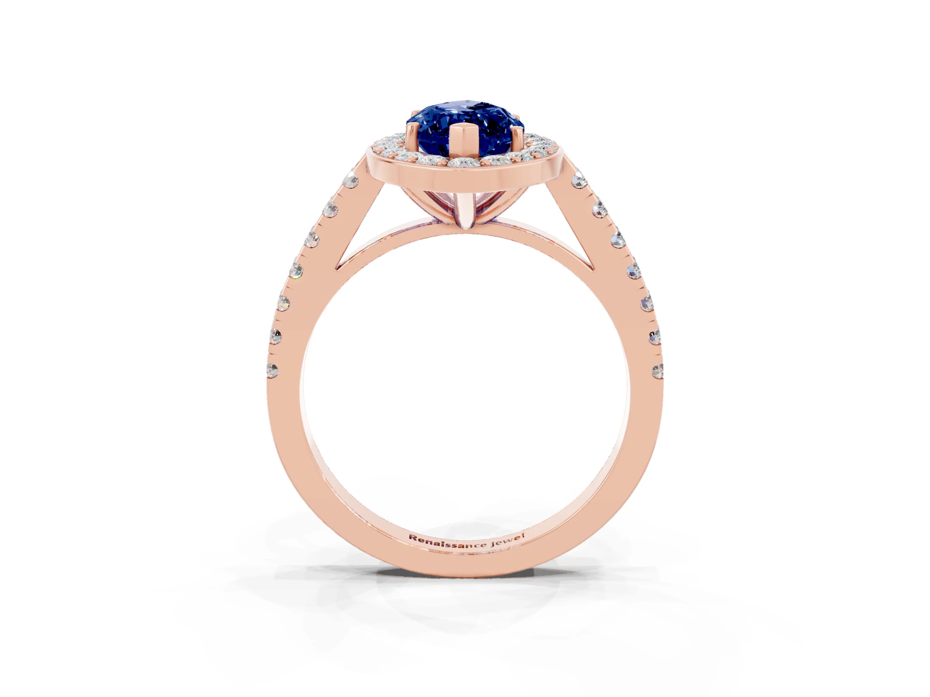 Rose gold Marquise Cut Halo Diamond Ring with Pavé Band and Three-Prong Setting_14