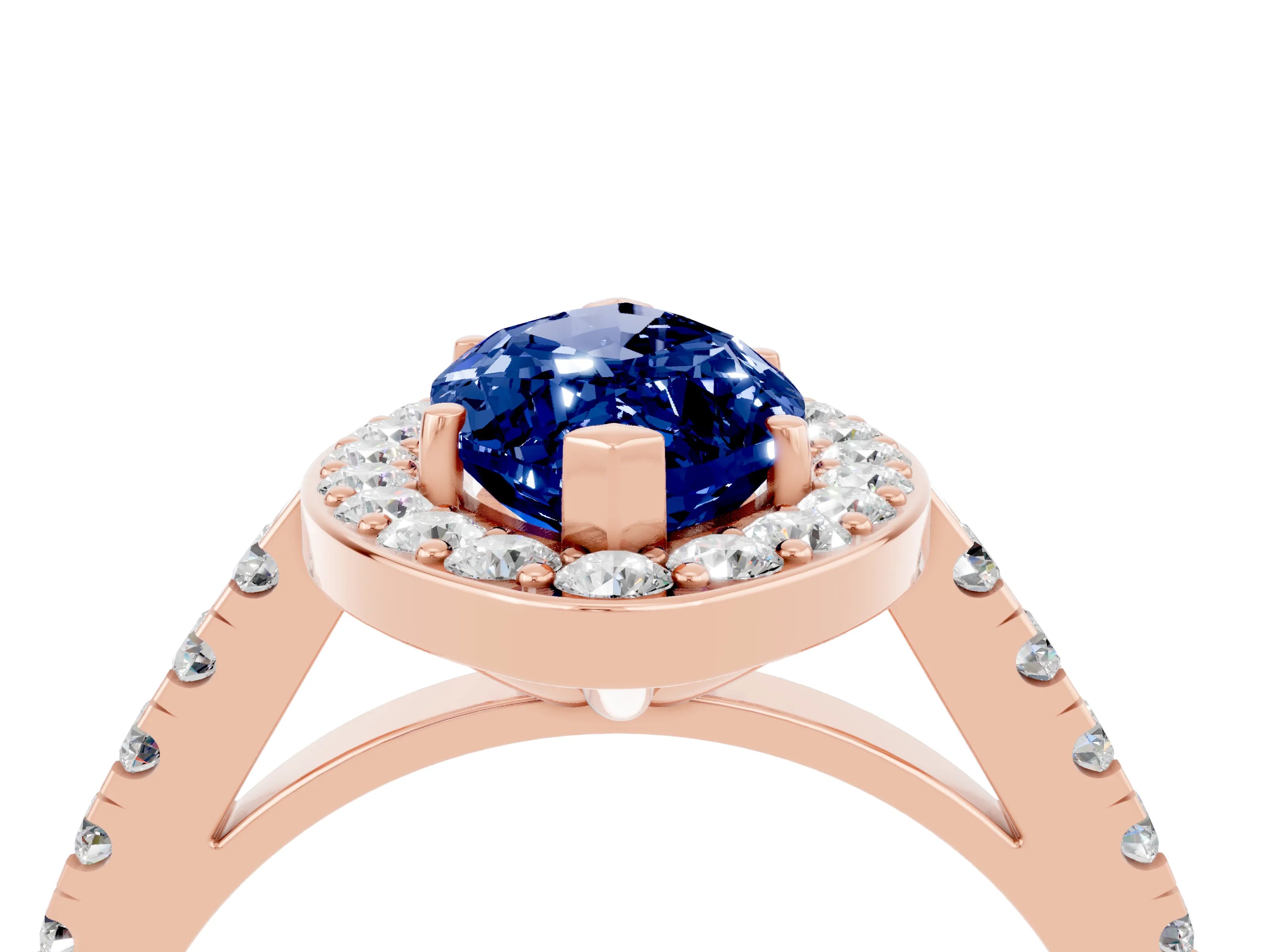 Rose gold Marquise Cut Halo Diamond Ring with Pavé Band and Three-Prong Setting_15