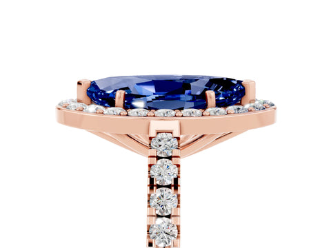Rose gold Marquise Cut Halo Diamond Ring with Pavé Band and Three-Prong Setting_16