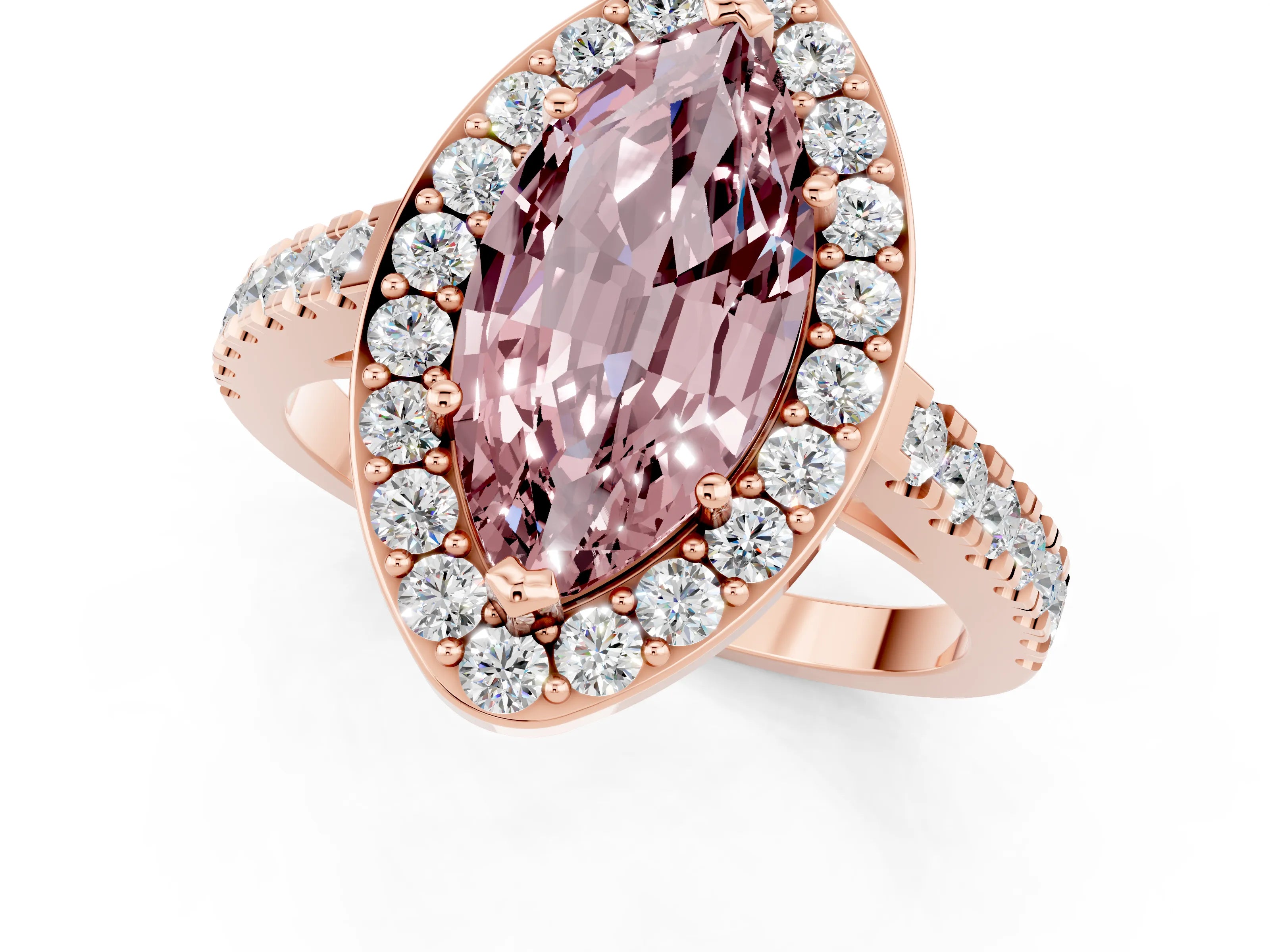 Rose gold Marquise Cut Halo Diamond Ring with Pavé Band and Three-Prong Setting_1