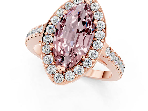 Rose gold Marquise Cut Halo Diamond Ring with Pavé Band and Three-Prong Setting