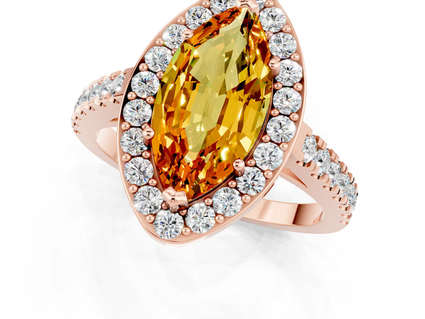 Rose gold Marquise Cut Citrine Halo Ring with Round Pavé Split Shank and Prong Setting