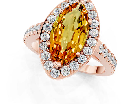 Rose gold Marquise Cut Halo Diamond Ring with Pavé Band and Three-Prong Setting_1