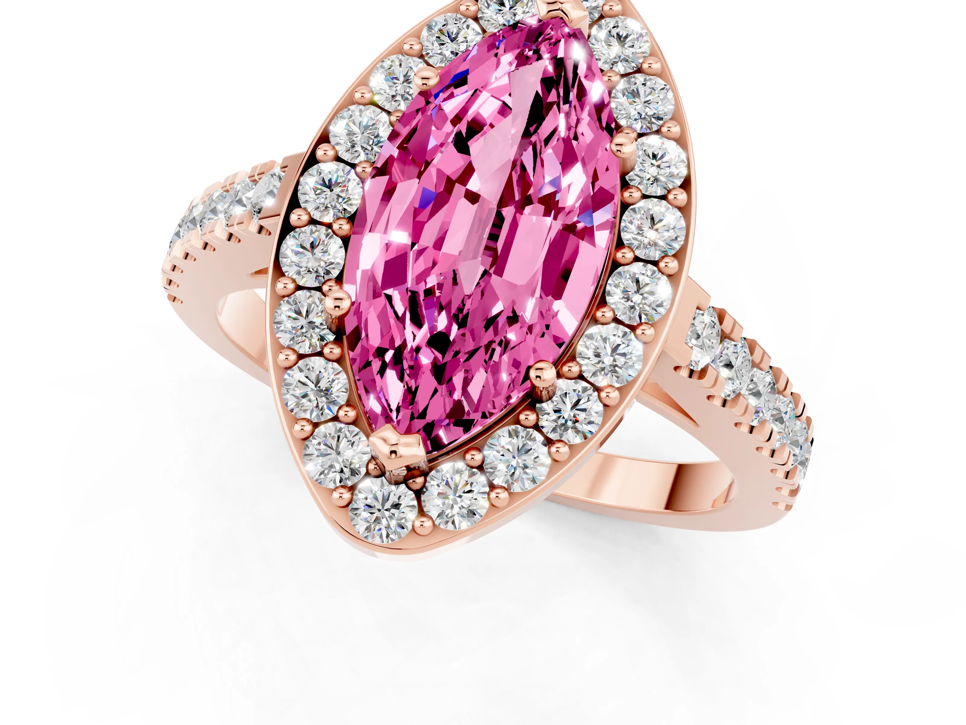 Rose gold Marquise Cut Halo Diamond Ring with Pavé Band and Three-Prong Setting_1