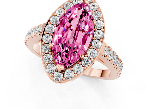 Rose gold Marquise Cut Halo Diamond Ring with Pavé Band and Three-Prong Setting_1