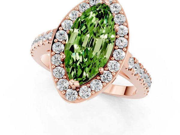 Rose gold Marquise Cut Halo Diamond Ring with Pavé Band and Three-Prong Setting