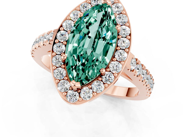 Rose gold Marquise Cut Green Sapphire Halo Ring with Round Pavé Split Shank and Prong Setting