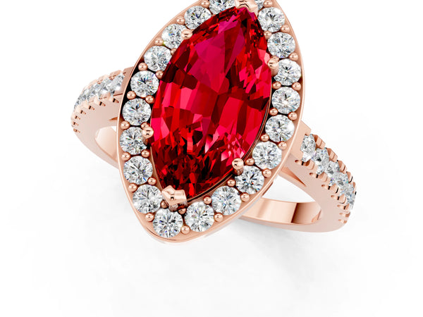 Rose gold Marquise Cut Ruby Halo Ring with Round Pavé Split Shank and Prong Setting