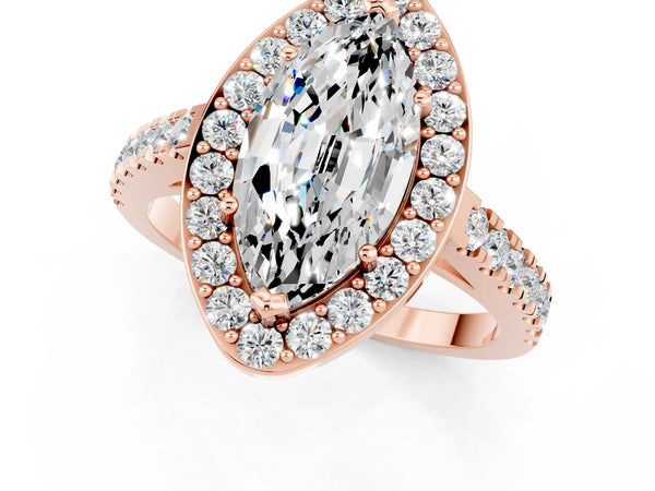 Rose gold Marquise Cut Moissanite Halo Ring with Round Pavé Split Shank and Prong Setting