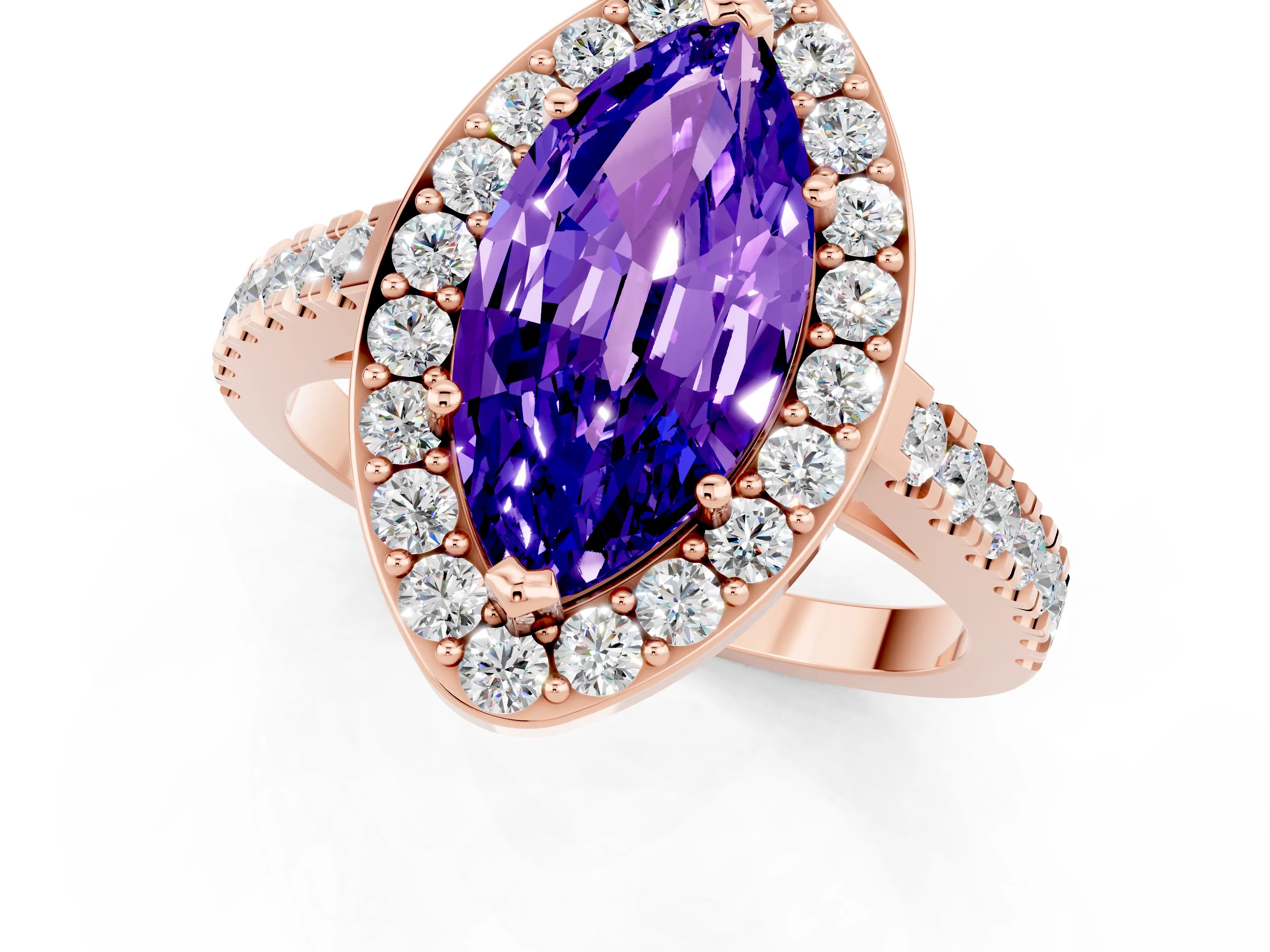 Rose gold Marquise Cut Halo Diamond Ring with Pavé Band and Three-Prong Setting_1