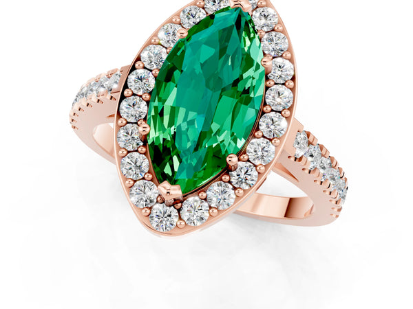 Rose gold Marquise Cut Emerald Halo Ring with Round Pavé Split Shank and Prong Setting