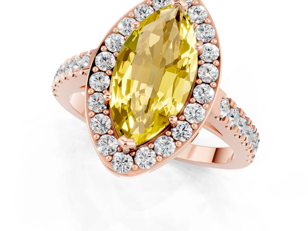 Rose gold Marquise Cut Yellow Sapphire Halo Ring with Round Pavé Split Shank and Prong Setting