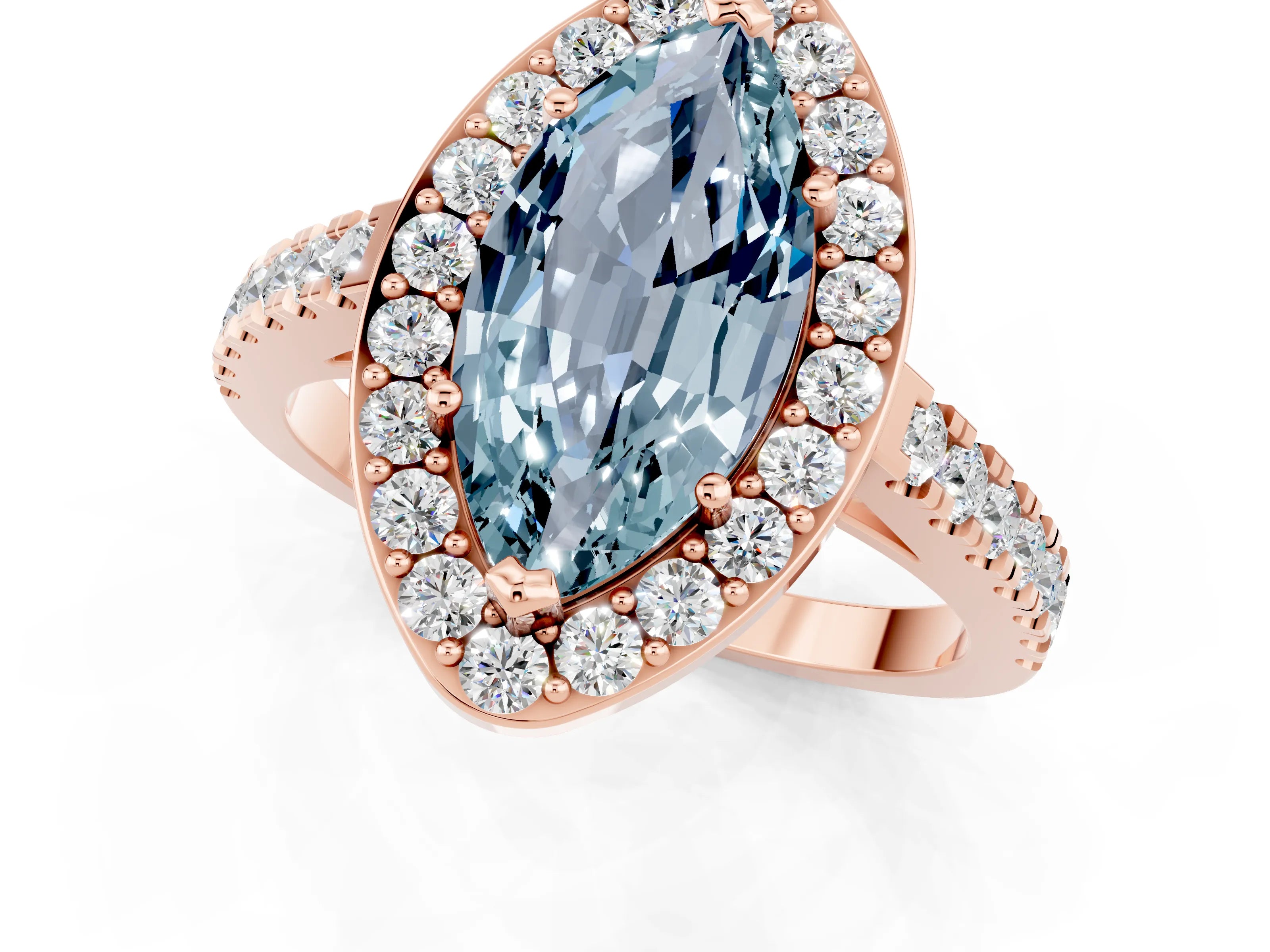 Rose gold Marquise Cut Halo Diamond Ring with Pavé Band and Three-Prong Setting_1