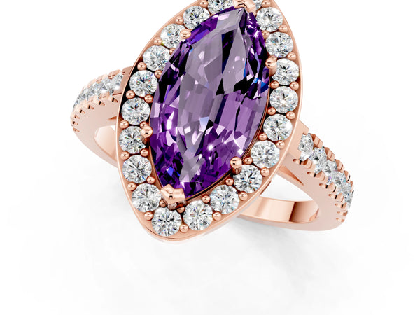 Rose gold Marquise Cut Amethyst Halo Ring with Round Pavé Split Shank and Prong Setting