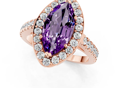 Rose gold Marquise Cut Halo Diamond Ring with Pavé Band and Three-Prong Setting_1