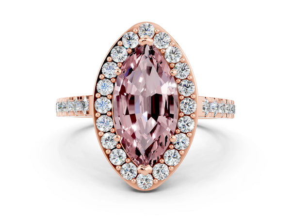 Rose gold Marquise Cut Halo Diamond Ring with Pavé Band and Three-Prong Setting
