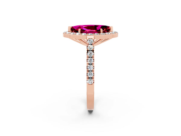 Rose gold Marquise Cut Garnet Halo Ring with Round Pavé Split Shank and Prong Setting