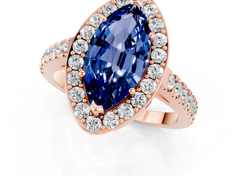 Rose gold Marquise Cut Halo Diamond Ring with Pavé Band and Three-Prong Setting_24