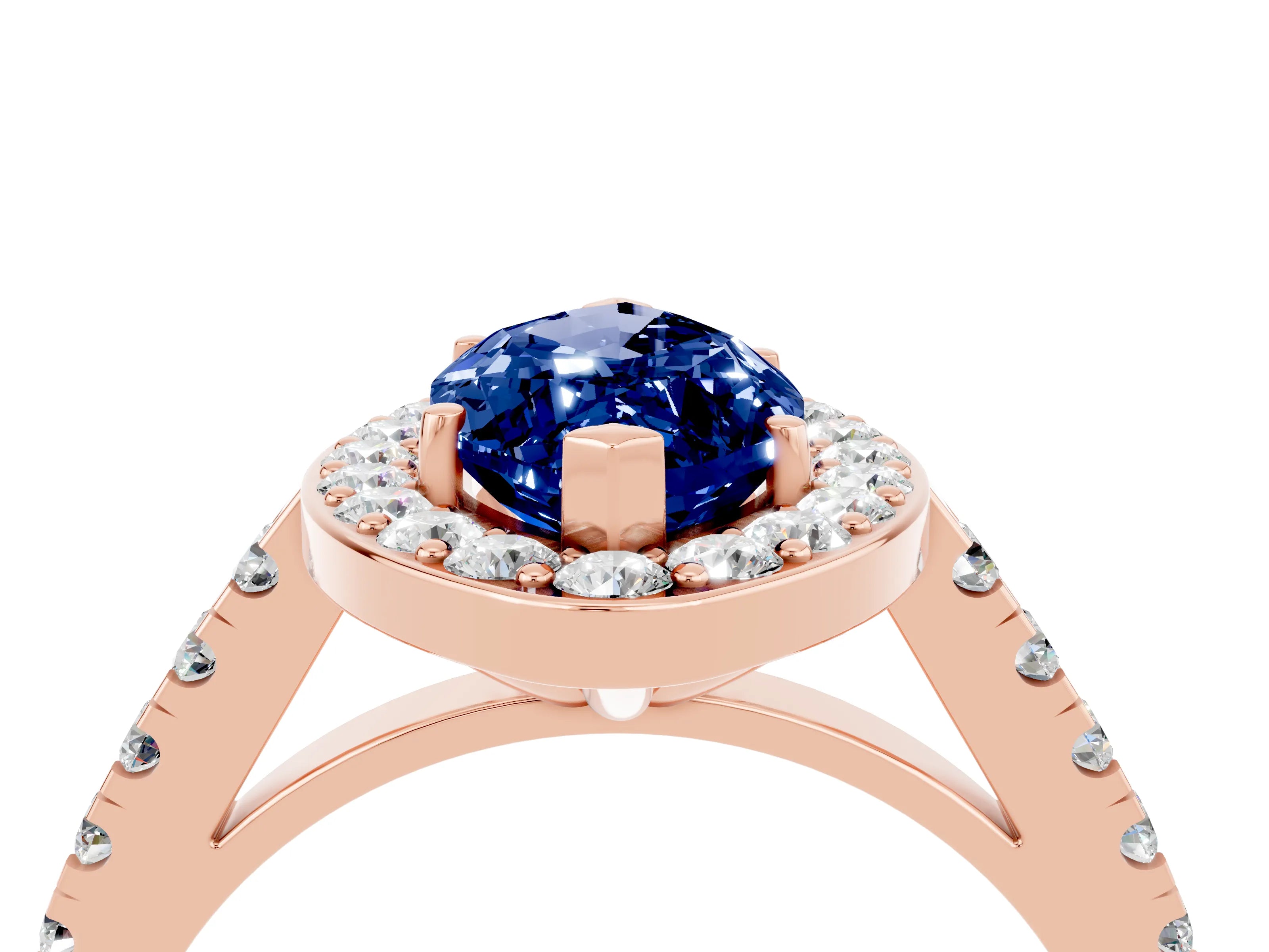 Rose gold Marquise Cut Halo Diamond Ring with Pavé Band and Three-Prong Setting_27