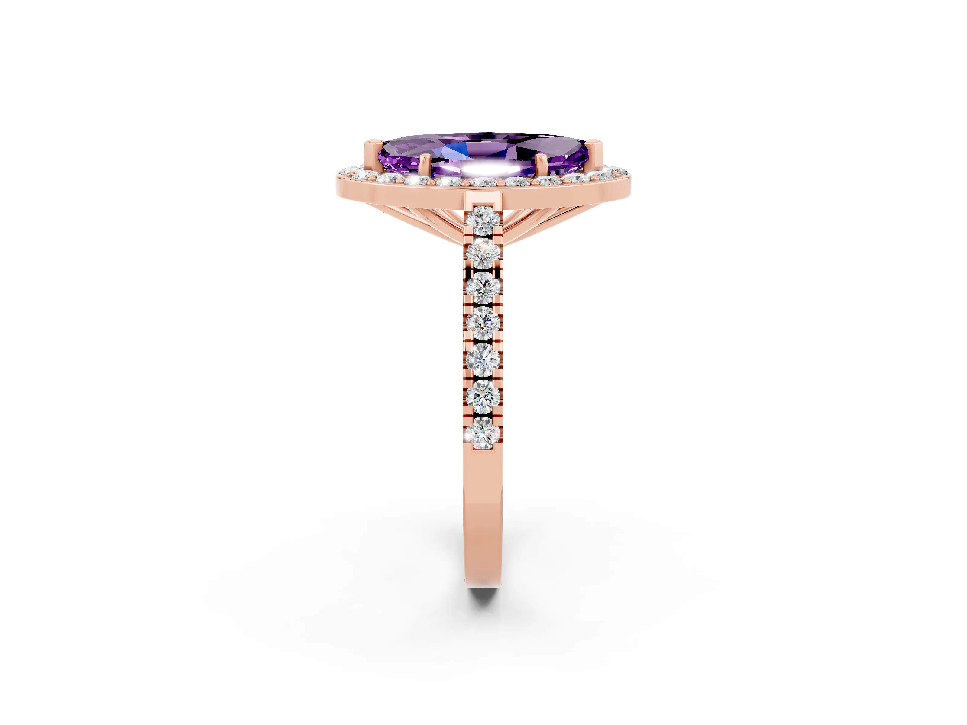 Rose gold Marquise Cut Halo Diamond Ring with Pavé Band and Three-Prong Setting_2