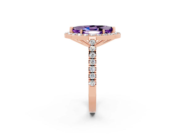 Rose gold Marquise Cut Amethyst Halo Ring with Round Pavé Split Shank and Prong Setting