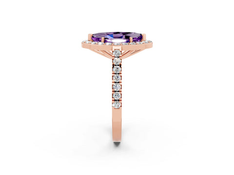 Rose gold Marquise Cut Halo Diamond Ring with Pavé Band and Three-Prong Setting_2