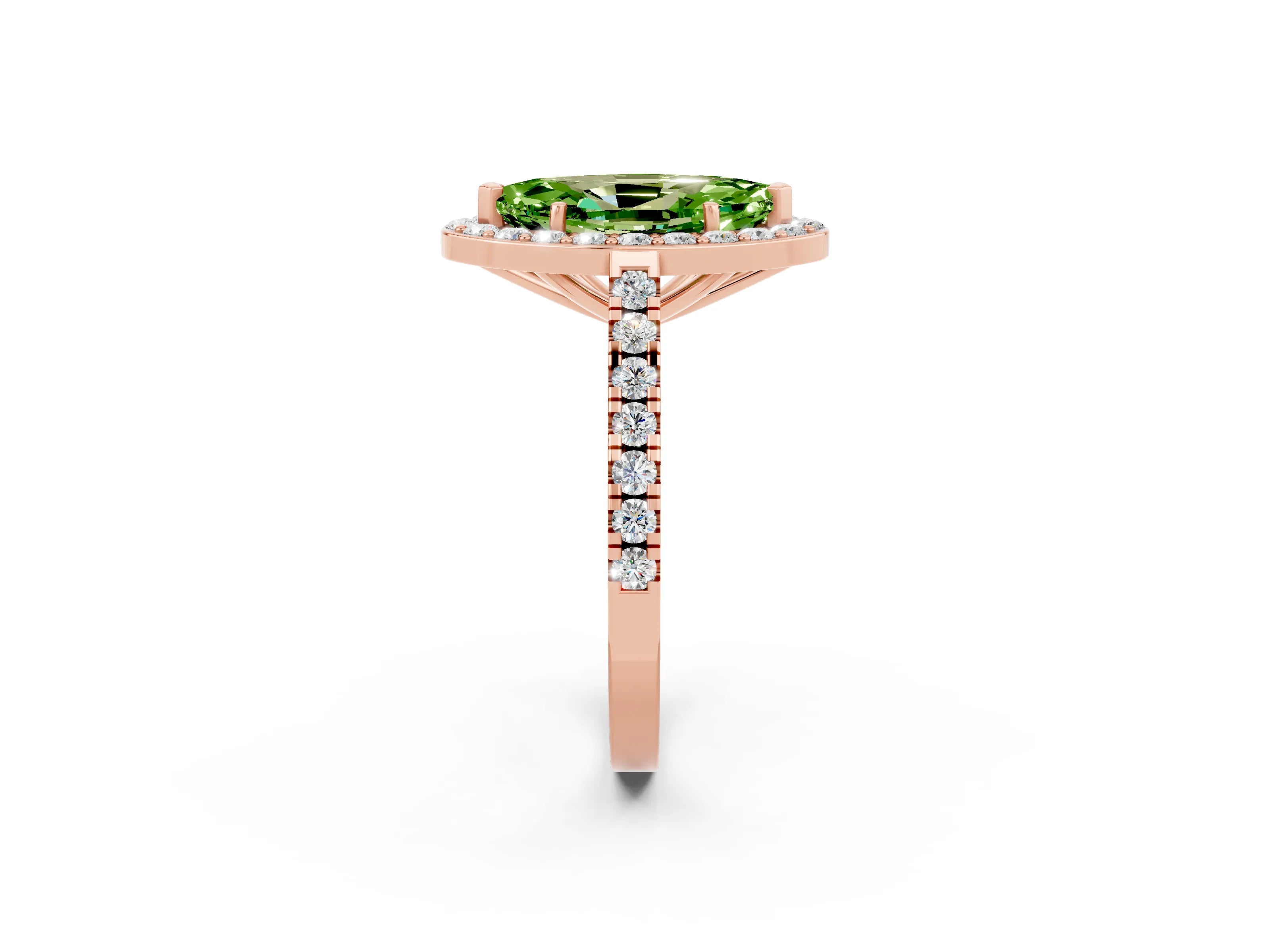 Rose gold Marquise Cut Halo Diamond Ring with Pavé Band and Three-Prong Setting_2