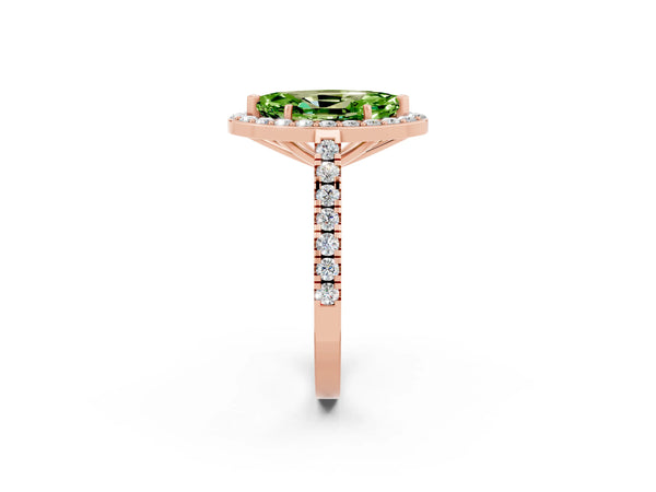 Rose gold Marquise Cut Halo Diamond Ring with Pavé Band and Three-Prong Setting
