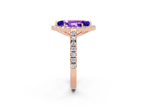 Rose gold Marquise Cut Halo Diamond Ring with Pavé Band and Three-Prong Setting_2