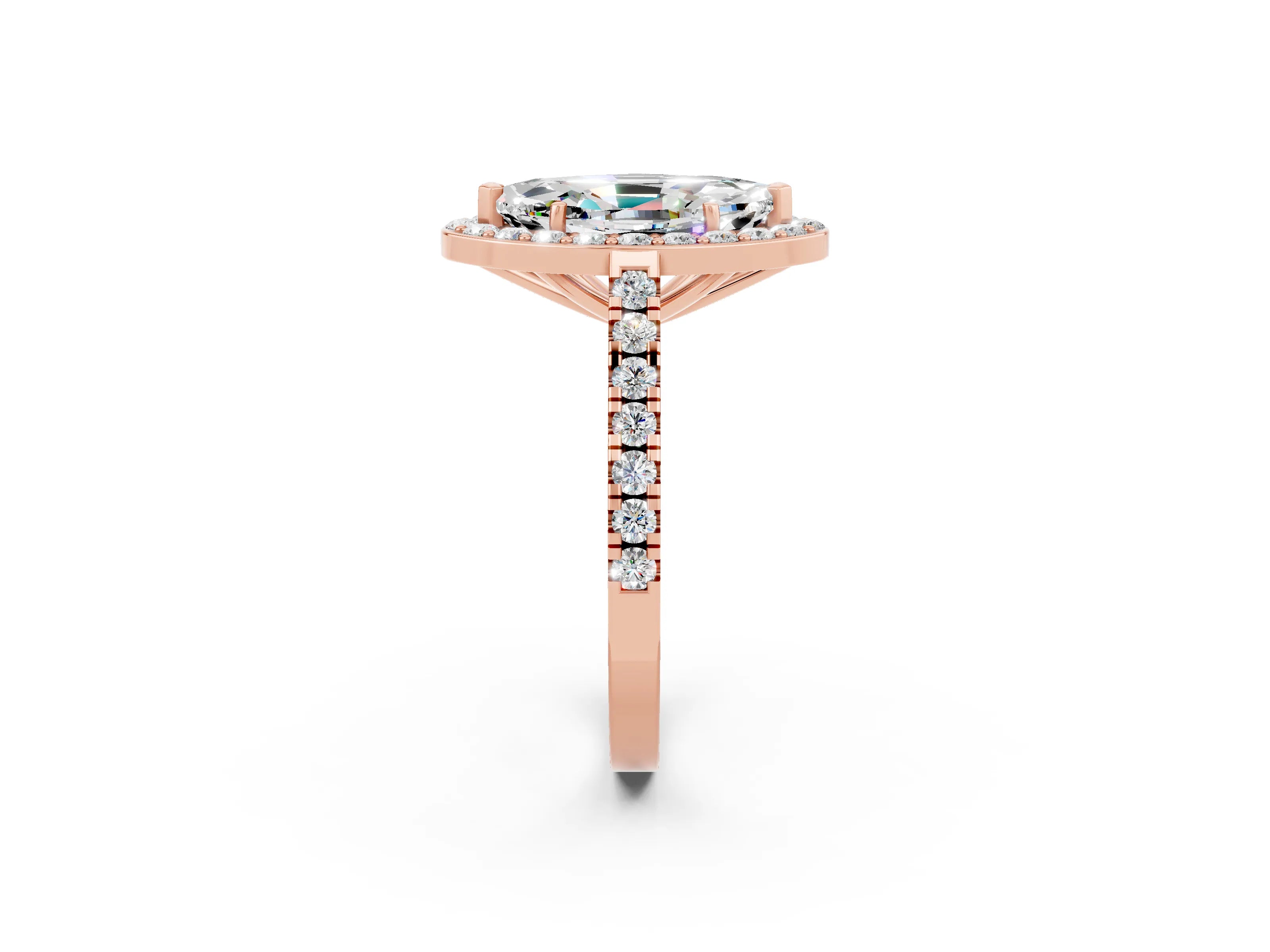 Rose gold Marquise Cut Halo Diamond Ring with Pavé Band and Three-Prong Setting_2