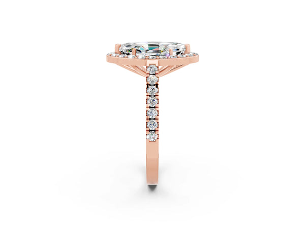 Rose gold Marquise Cut Moissanite Halo Ring with Round Pavé Split Shank and Prong Setting