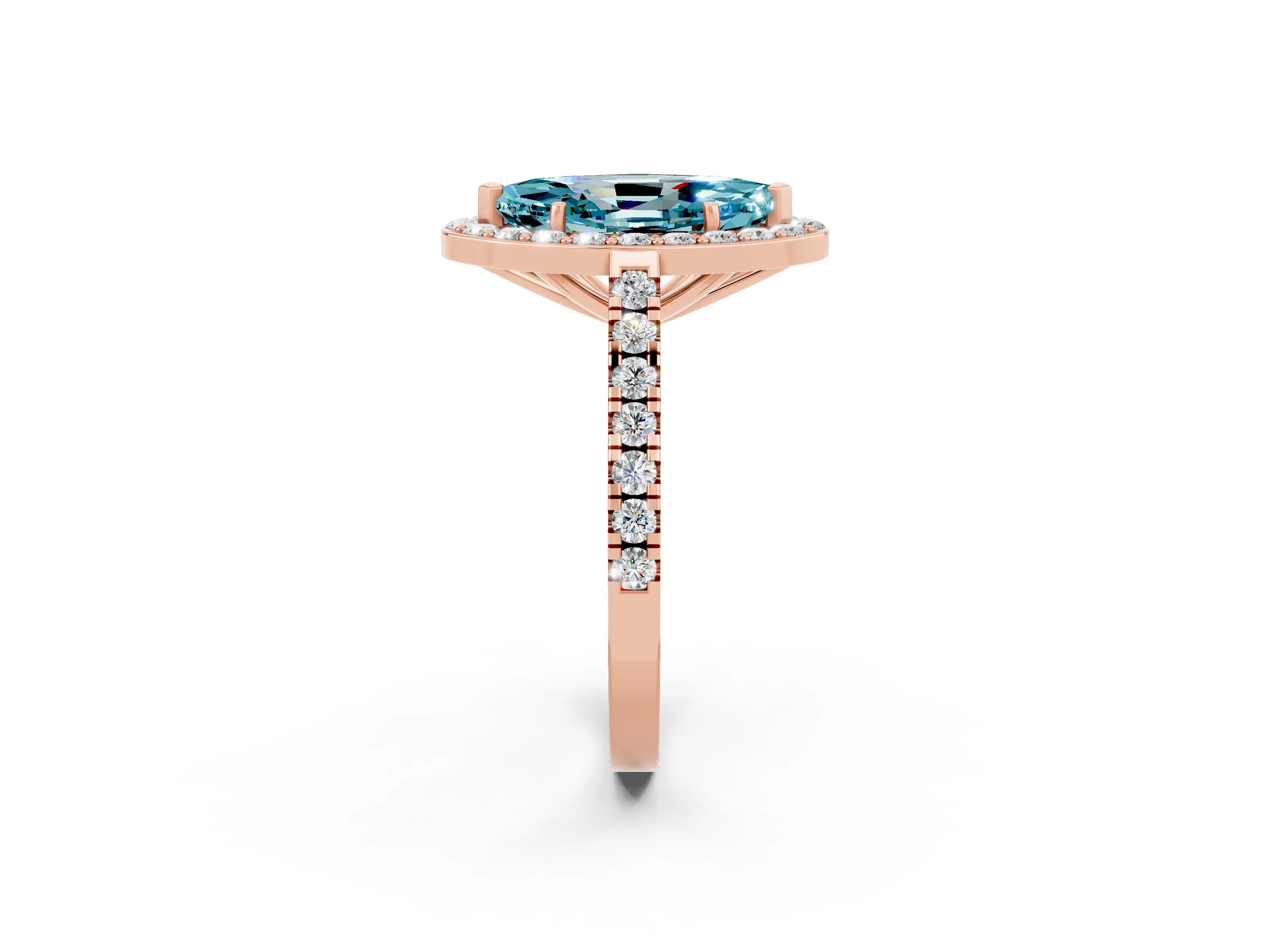 Rose gold Marquise Cut Halo Diamond Ring with Pavé Band and Three-Prong Setting_2