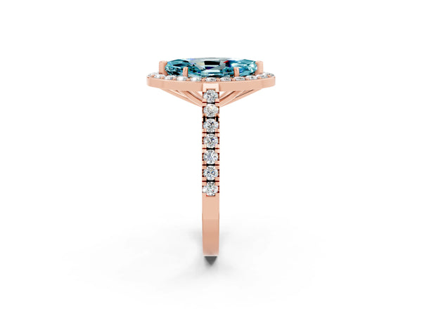 Rose gold Marquise Cut Halo Diamond Ring with Pavé Band and Three-Prong Setting