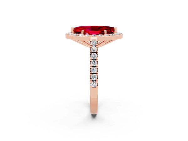 Rose gold Marquise Cut Ruby Halo Ring with Round Pavé Split Shank and Prong Setting