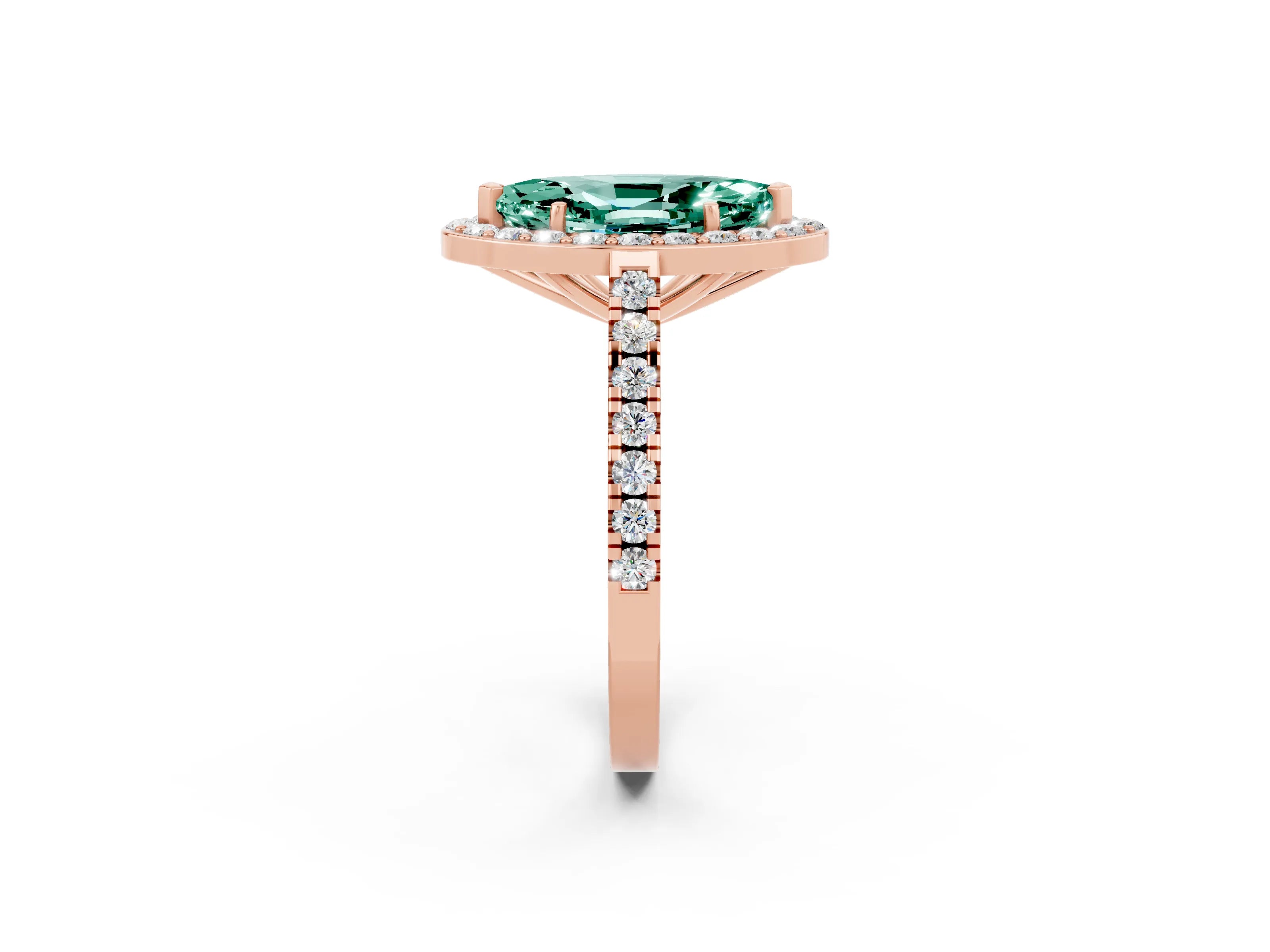 Rose gold Marquise Cut Halo Diamond Ring with Pavé Band and Three-Prong Setting_2