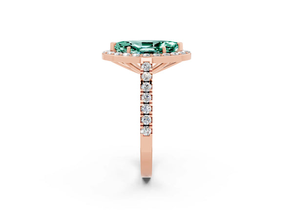 Rose gold Marquise Cut Green Sapphire Halo Ring with Round Pavé Split Shank and Prong Setting