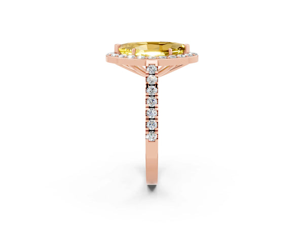 Rose gold Marquise Cut Yellow Sapphire Halo Ring with Round Pavé Split Shank and Prong Setting