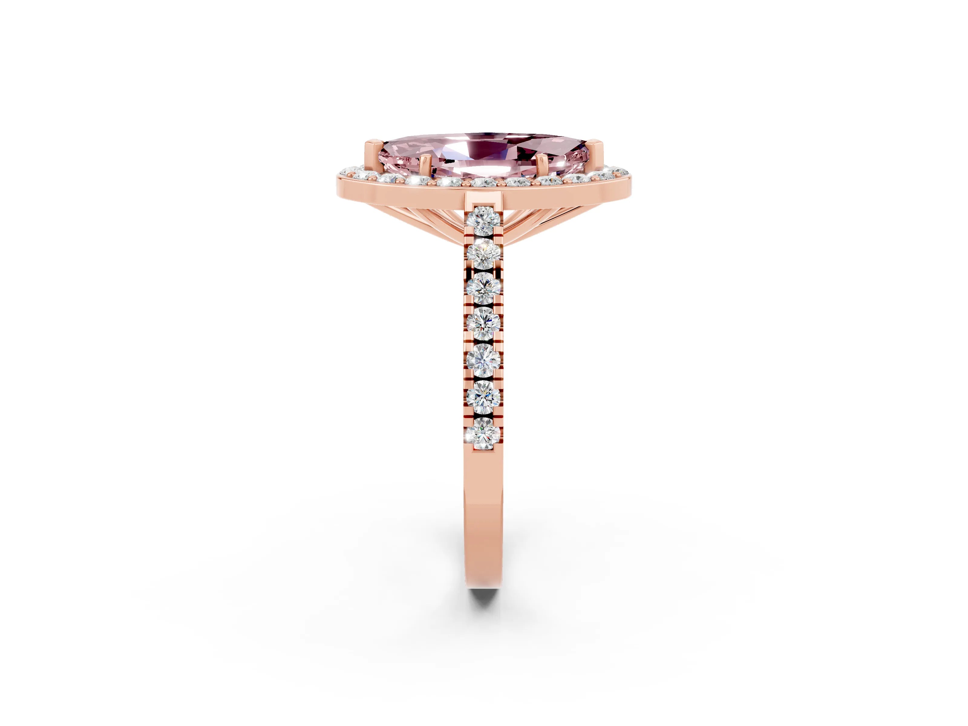 Rose gold Marquise Cut Halo Diamond Ring with Pavé Band and Three-Prong Setting_2