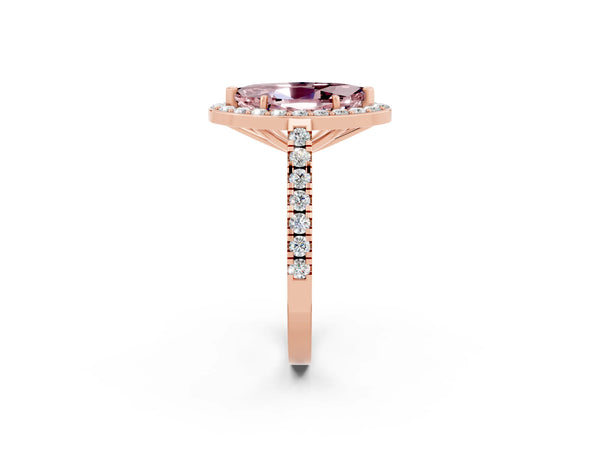 Rose gold Marquise Cut Halo Diamond Ring with Pavé Band and Three-Prong Setting