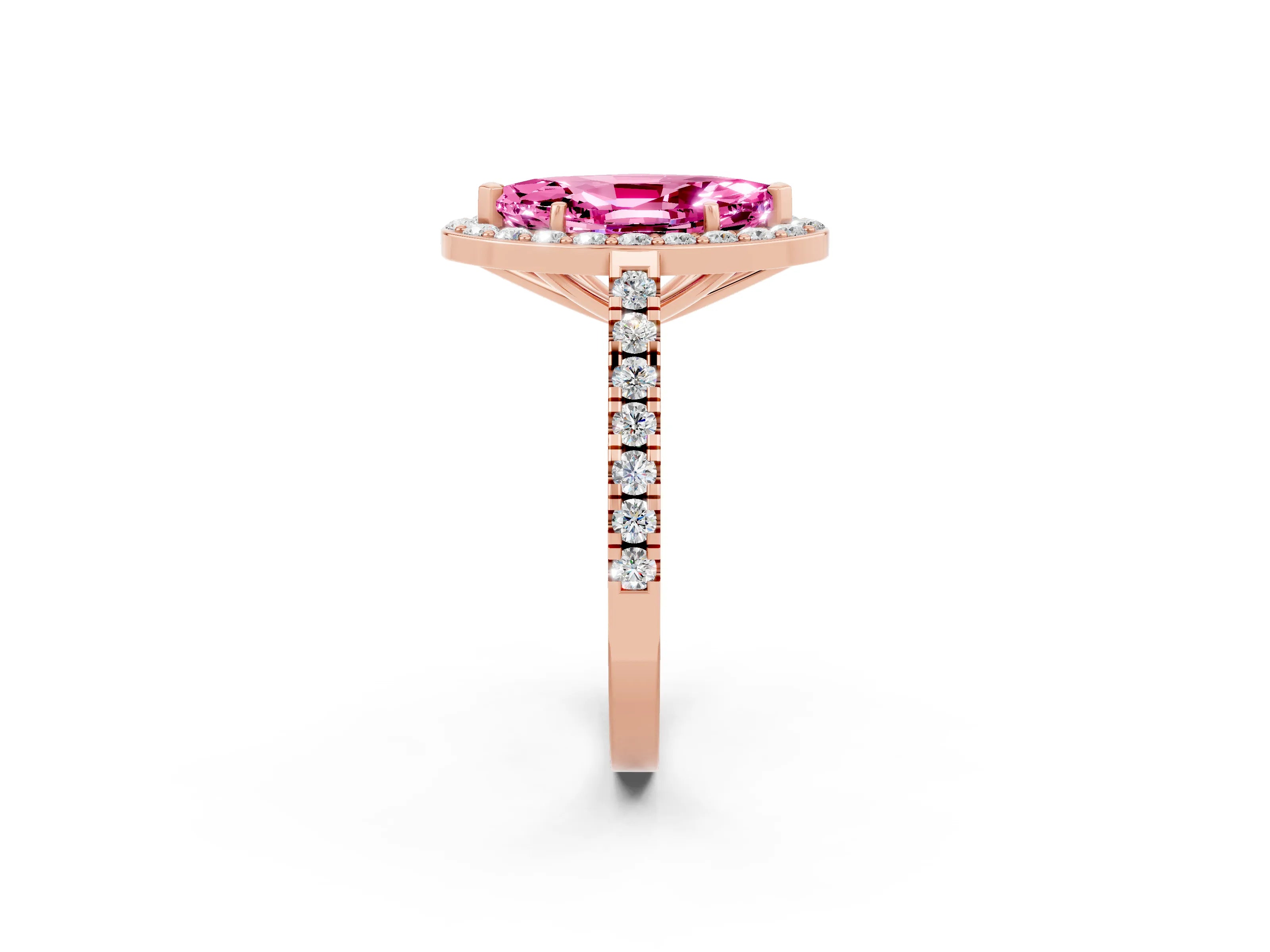 Rose gold Marquise Cut Halo Diamond Ring with Pavé Band and Three-Prong Setting_2